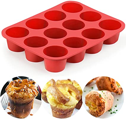 12-Cup Silicone Popover Pans, Professional Popover Pan for Popovers, Non-Stick Popover Pans for Muffins, Brownies and Baking