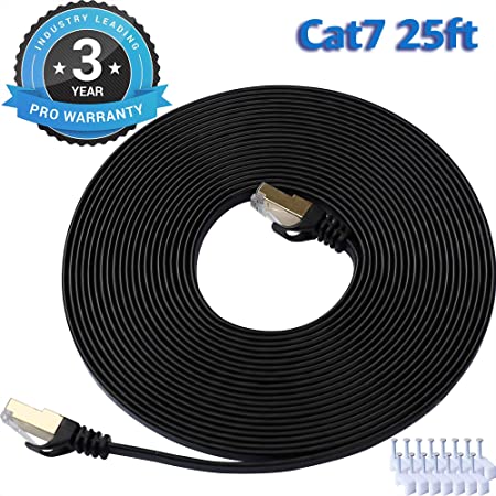 CAT 7 Ethernet Cable 25 Ft Black Flat Gigabit High Speed Gigabit Shielded RJ45 LAN Cable