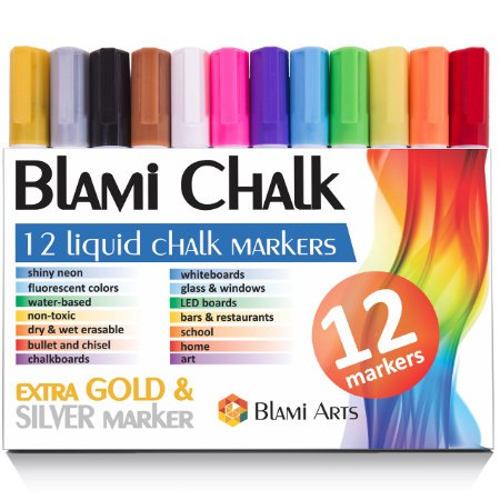 Chalk Markers with extra gold and silver ink from Blami Arts. Set of 12 shiny neon liquid chalk pen with reversible bullet and chisel fine tip. Free Your Imagination with unique paint colored chalkboard markers Now!