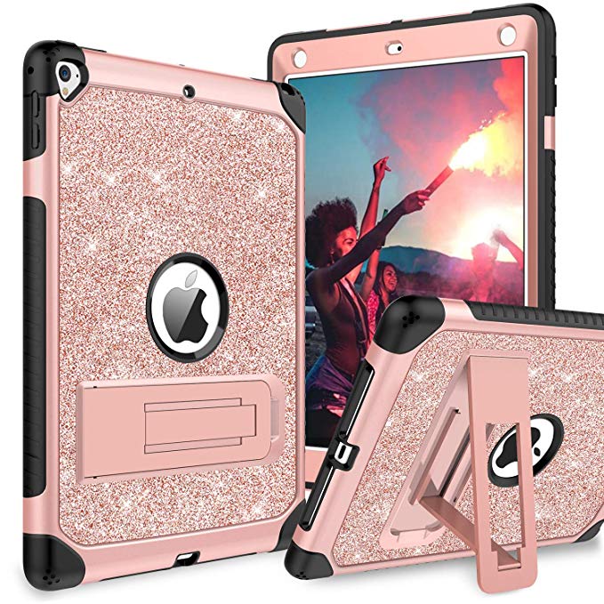 BENTOBEN Case for iPad 9.7 2017/2018/Pro 9.7/Air 2, Glitter 3 Layer Full Body Protective Kickstand Durable Leather Shockproof Girls Women Kids Tablet Cover for Apple iPad 5th/6th Gen/Air 2, Rose Gold