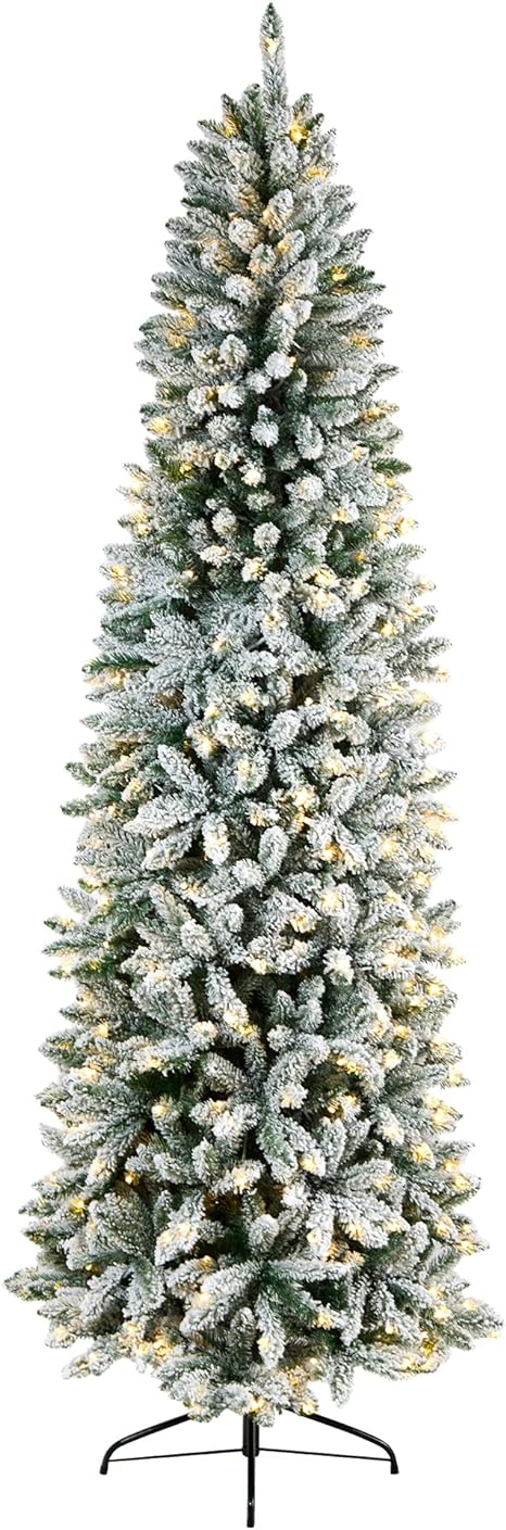 8ft. Slim Flocked Montreal Fir Artificial Christmas Tree with 400 Warm White LED Lights and 1348 Bendable Branches