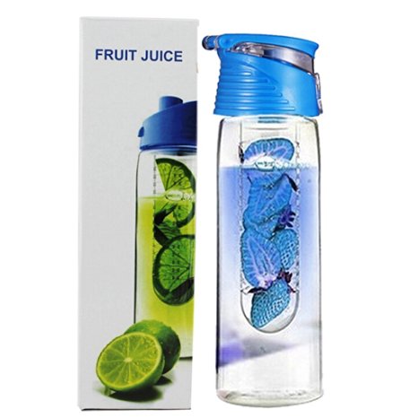 SecretRain 800ml Blue Fruit Infusing Water Bottle with Fruit Infuser and Flip Lid Lemon Juice Make Bottle- BPA Free
