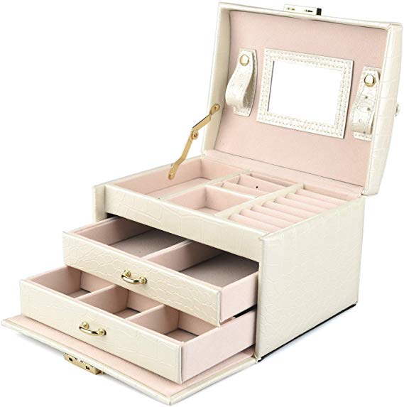 goldwheat Jewelry Boxes & Organizers Lockable Mirrored Leather Storage Case for Women Girls (Creamy White)