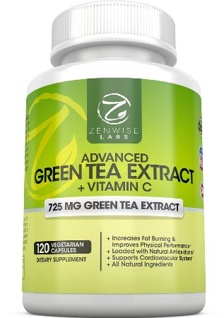 Green Tea Extract Supplement - Decaffeinated Vegetarian Pills for Weight Loss - Natural Fat Burner With Vitamin C - 725 mg Capsules - 120 Vegetarian Capsules - Regulates Cholesterol and Immune System