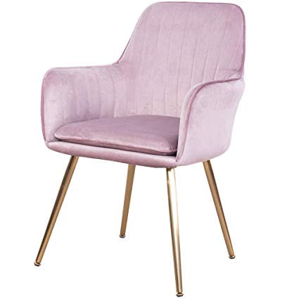 GOLDEN BEACH Elegant Velvet Dinning Chair Mid-Back Support Accent Arm Chair Modern Leisure Upholstered Chair with Gold Plating Legs (Rose Pink)