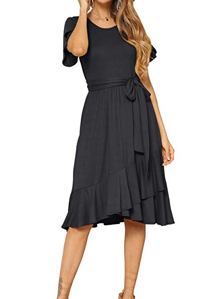 levaca Women's Plain Casual Flowy Short Sleeve Midi Dress with Belt