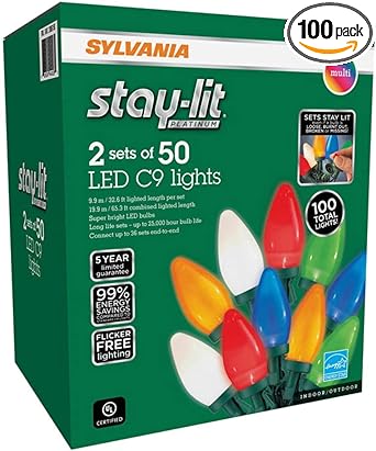 SYLVANIA Stay-Lit Platinum LED C9 String Lights, 2 Sets of 50, Indoor / Outdoor
