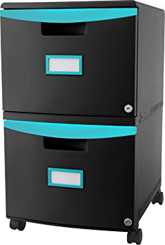 Storex 2-Drawer Mobile Filing Cabinet, 18.25 x 14.75 x 26 Inches Letter/Legal, Black/Teal (61315U01C)