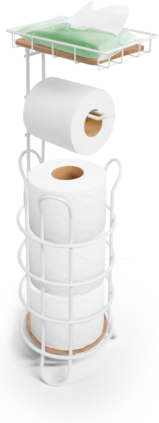 Inspired Living Toilet Paper Holder Stand with Phone or Wipes Bamboo Shelf, Durable Free Standing Toilet Tissue Roll Storage Rack for Bathroom, Reserve Holds 3 Mega Rolls, White