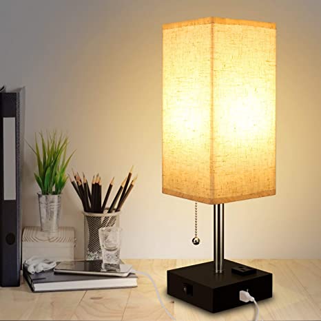 USB Table Lamp with Fabric Shade and 2 Charging Ports for Recharging Devices, Ambient Light Bedside Nightstand for Home, Office, Bedroom, Living Room