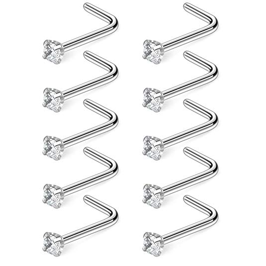 Ruifan 10-40PCS 20G Surgical Steel Diamond CZ Nose Stud Rings L Shaped Piercing Jewelry 1.5mm 2mm 2.5mm 3mm