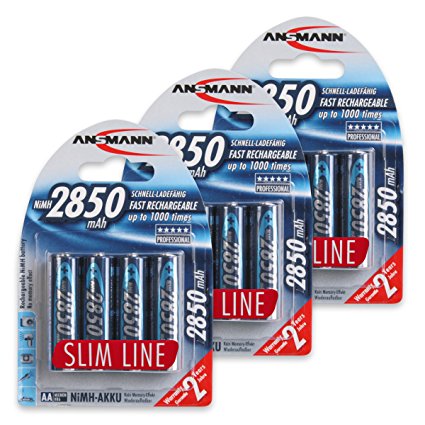 ANSMANN 2850mAh Slimline NiMH AA Rechargeable Batteries, 12-Pack
