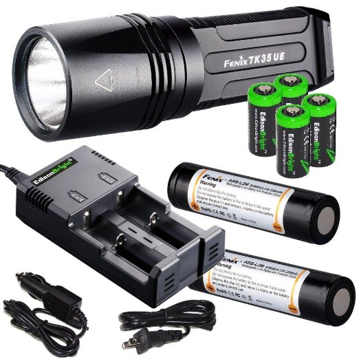 FENIX TK35 Ultimate Edition 2015 2000 Lumen LED Tactical Flashlight with 2 X Fenix ARB-L2M 18650 Li-ion rechargeable batteries 4 X EdisonBright CR123A Lithium batteries smart in-car Charger adapter Holster and Lanyard complete bundle