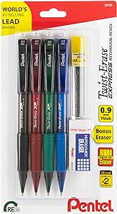 Pentel Twist-Erase EXPRESS Mechanical Pencils, (0.9mm), Assorted Barrel Colors, Pack of 4 Pencils, Lead   Small Block Eraser