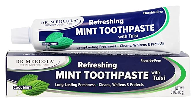 Dr. Mercola, Refreshing Mint Toothpaste with Tulsi, 3 oz (85 g), Fluoride-Free, SLS Free, Paraben Free, No Dyes, Vegetarian Friendly, No Harsh Chemicals, non GMO, Soy Free, Gluten Free