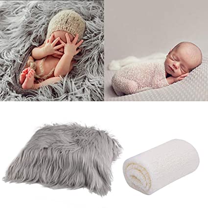 Aniwon 2Pcs Baby Photo Props Long Ripple Wraps DIY Blanket Newborn Wraps Photography Mat for Baby Boys and Girls (Grey & Milk White)