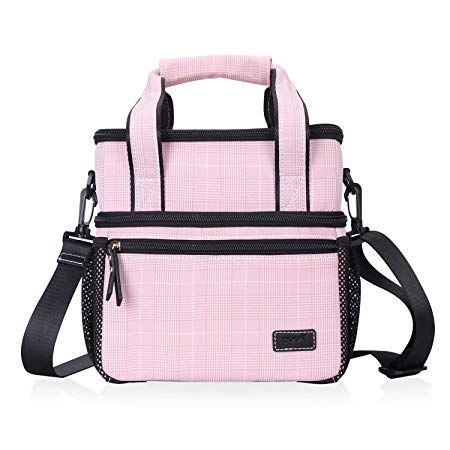 FYY Insulated Lunch Bag Large Capacity Lunch Box Fabric Double Deck Cooler with Handle and Shoulder Strap for Adults/Kids/School/Office/Picnic Pink
