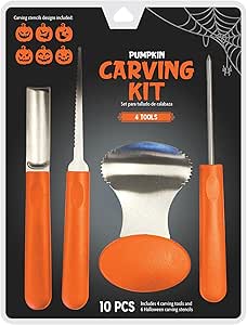 Pumpkin Carving Kit, 10-Piece Jack-O-Lantern Decorating Craft Set, 4 Tools   6 Halloween Stencil Designs