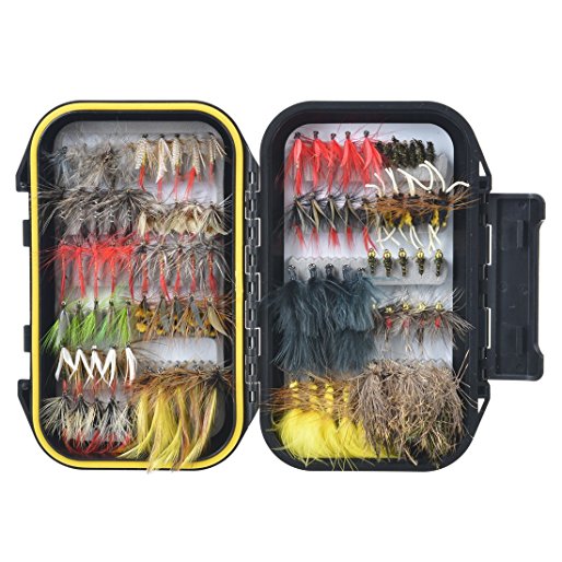 FISHINGSIR 64/100/120PCS Fly Tying Material Fly Fishing Flies, Assorted Trout Fly Fishing Lure with Double Side Waterproof Pocketed Fly Box