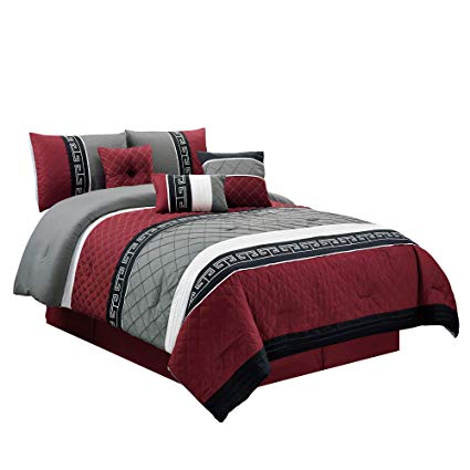 Chezmoi Collection 7-Piece Burgundy Red, Black, Gray, White Pleated Striped Diamond Quilted Embroidered Comforter Set, King