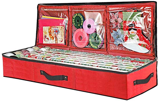 Primode Storage Organizer for 40 Inch Wrapping Paper, Ribbon and Bows, 41"x 13.5"x 4.5", Gift Wrap Storage Bag Durable 600D Oxford Material (Red)