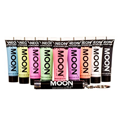 Moon Glow - Pastel Neon Blacklight UV Face & Body Paint - 0.42oz Set of 9 - includes UV Keyring