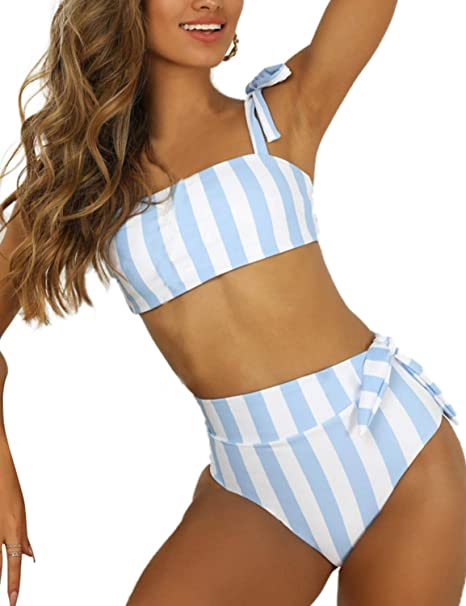 Blooming Jelly Womens High Waisted Bikini Set Tie Knot Bathing Suit Striped Hi Rise Two Piece Swimsuits