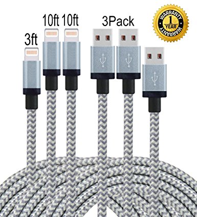 Lorima 2PCS 10ft 1PCS 3ft Lightning Cable Nylon Extra Long USB Cord Charging Cable for iphone7,7plus, SE, 6s, 6s plus, 6plus,6,se,5s 5c 5,iPad Mini, Air,iPad5,iPod (Gray).