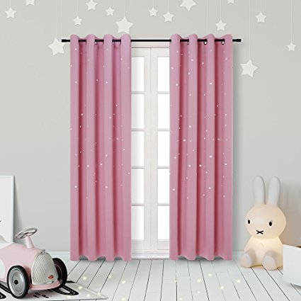 Anjee Starry Sky Nursery Room Curtain Panels (2 Pack), Thick and Soft Room Darkening Curtains with Punched Out Stars, Perfect Window Draperies for Kids Room (W52 x L84 Inches, Baby Pink)