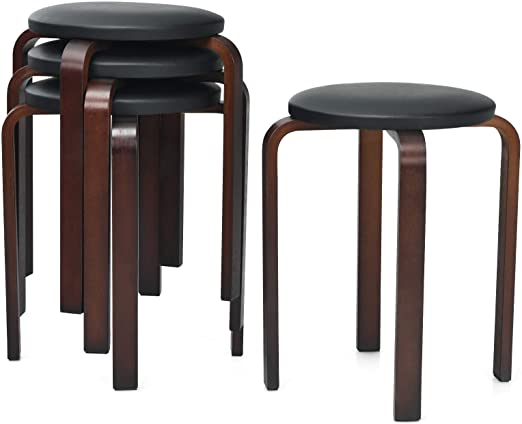 COSTWAY 18.5-inch Bentwood Stools, Set of 4 Backless Round Stools with Cushioned Seat, Non-Slip Foot Mats, Stackable Counter Stools for Dining, Kitchen, Living and Class Room (Black)