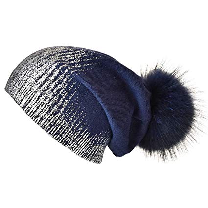Winter Beanie Hats for Women Real Fur Pom Pom Slouchy Beanies Bobble Ski Cap