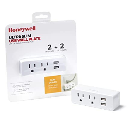Honeywell Ultra Slim USB Wall Plate with Two AC Outlets,Two USB-A Charging Ports, 2.1 AMP Charging Output Power, Sleek Space-Saving Design