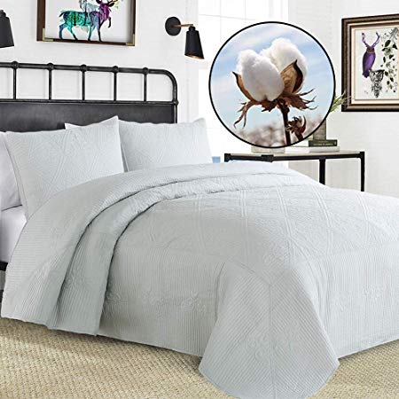 Bedspreads King Size Reversible Oversize Gray Stitched Quilts Set 3-Piece 100% Cotton Filled Stitched Bed Cover Fade Resistant 111" X 106" Inches 1 Coverlet & 2 Pillow Shams