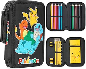 Pokemon Filled Pencil Case for Kids, Pikachu Filled Pencil Case Stationery Set - Anime Gifts (Black/Multi)