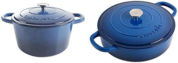 Crock-Pot Artisan Round Enameled Cast Iron Dutch Oven, 7-Quart, Sapphire Blue & Crock Pot Artisan Enameled Cast Iron Braiser W/Lid, 5 Quart, Sapphire Blue