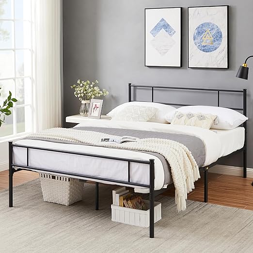 VECELO Metal Platform Bed Frame Queen Size with Headboard and Footboard, 12'' Under-Bed Storage & Strong Slats Support, No Box Spring Needed