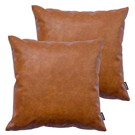HOMFINER Faux Leather Throw Pillow Covers 16x16 inch, Set of 2 Thick Cognac Brown Modern Boho Farmhouse Decor Small Square Decorative Bedroom Living Room Cushion Cases for Couch Bed Sofa