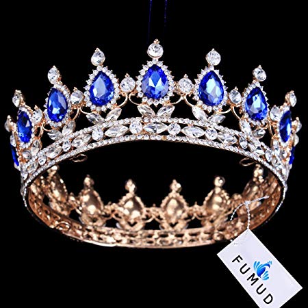 FUMUD Gold Plated Royal Regal Blue Rhinestones Quinceanera Vintage Luxury Tiaras And Crowns Wedding Party Accessories