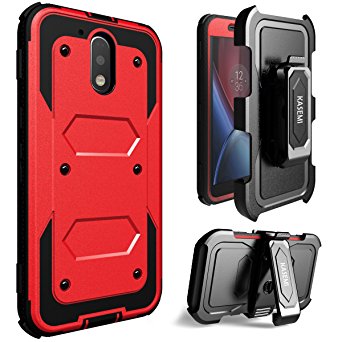 MOTO G4 Case,MOTO G4 Plus Case, KASEMI [Built in Screen Protector] Heavy Duty Protection Dual Layer Belt Clip Holster Cover with Kickstand Case for Motorola Moto G 4th Generation-Red