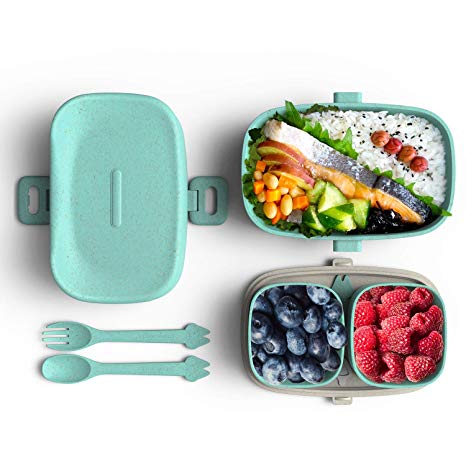 Lunch Box for Kids, Bento Box kids Leak-Proof Containers with 3 Compartment Cute Style Portioned Lunch box with Spoon, Fork and Snack Pliers (Wheat Straw BPA Free 1 L Capacity for Children, Boy&Girls)