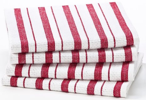 Cotton Craft - 4 Pack Oversized Kitchen Towels, 20x30 - Red, Pure 100% Cotton, Crisp Basket weave striped pattern, Convenient hanging loop - Highly absorbent, Professional Grade, Soft yet Sturdy