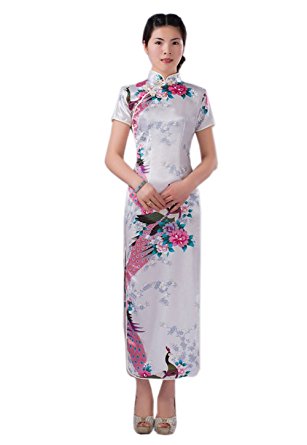 Women Vintage Peacock Short Sleeve Long Qipao Dress Chinese Clothing