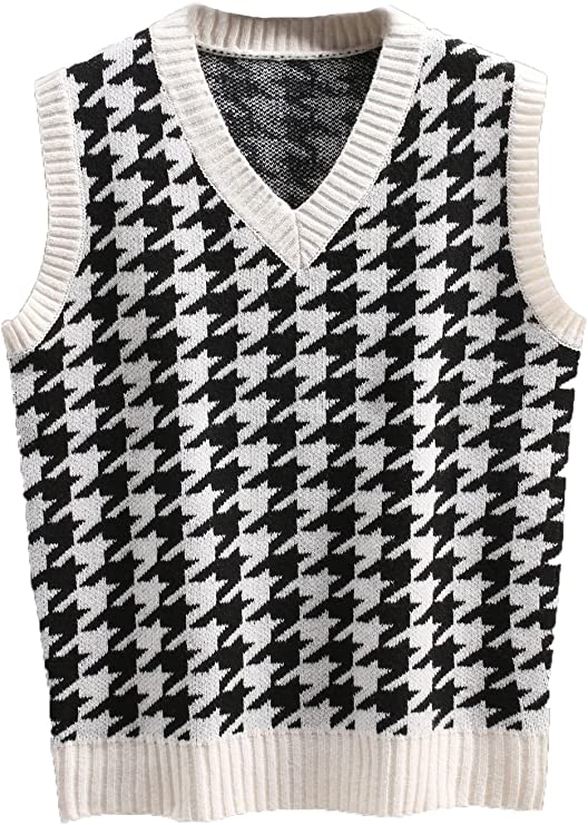 Milumia Men's Houndstooth Sweater Vest Sleeveless V Neck Casual Rib Knit Top