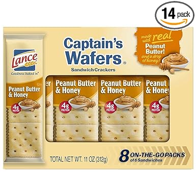 Lance Sandwich Crackers, Captain's Wafers Peanut Butter and Honey, 8-Count Boxes (Pack of 14)