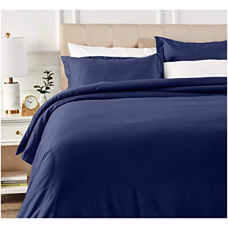 AmazonBasics 400 Thread Count Cotton Duvet Cover Set with Sateen Finish - Full/Queen, Navy