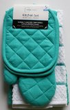 Teal Island Kitchen Towel Set 5 Piece- Pot Holders Oven Mitt and 2 Terry Kitchen Towels