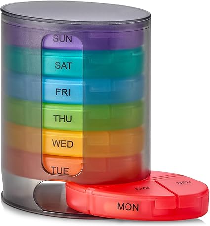 MEDca Weekly Pill Organizer, 1 Dispenser, 7 Stackable Multi-Color Compartments Four Times-a-Day - Morning, Noon, Evening, and Bedtime, Black