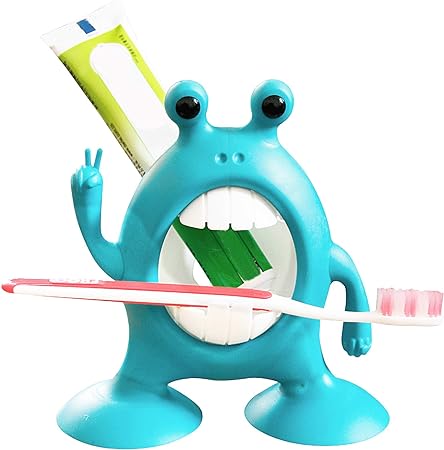 Cute Fun Cartoon Frog Kids Toothbrush Holder,Funny Toothbrush & Toothpaste Holder,Children's Toothbrush Holder for Baby Boys Girls,Kids Toothbrush Holder Set with Suction Cup,Bathroom Organizer,Blue