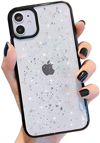 Ownest Compatible with iPhone 11 Case,Clear Sparkly Bling Star Glitter Design for Women Girls Soft TPU Shockproof Anti-Scratch Protective Cases for iPhone 11-Black