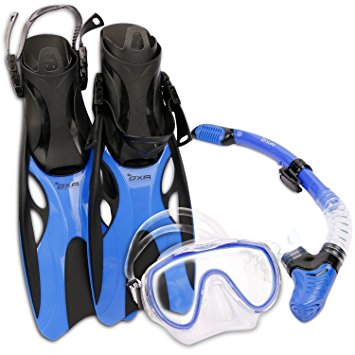 OXA Scuba Diving Snorkel Set including Dry Top Snorkel, 2-Windows Tempered Glass Mask and Trek Fins